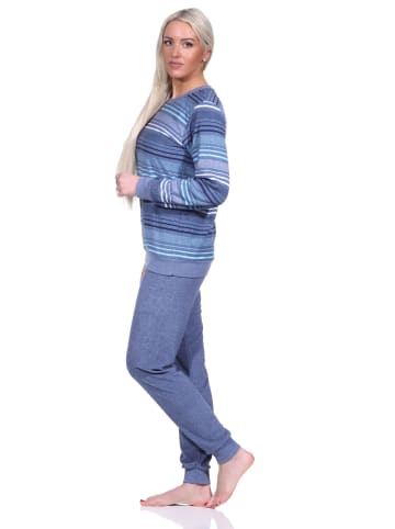 NORMANN Frottee Schlafanzug Bündchen  Streifendesign - 75856 in blau-melange