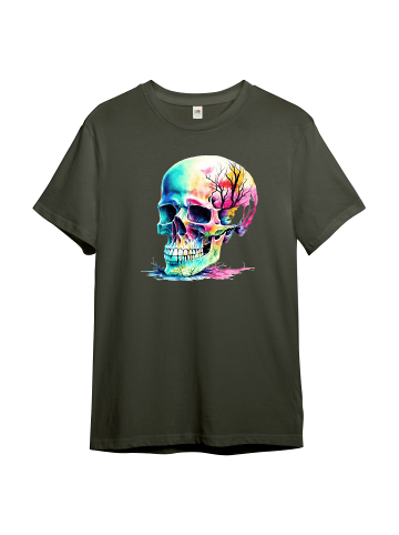 PAULGOS Herren T-Shirt, bunter Totenkopf, Schädel, Skull in Olive