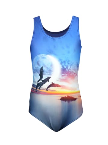 Aquarti Mädchen Badeanzug mit Ringerrücken Print in blau/orange