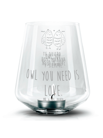 Mr. & Mrs. Panda Gravur Teelicht Eulen Liebe mit Spruch in Transparent