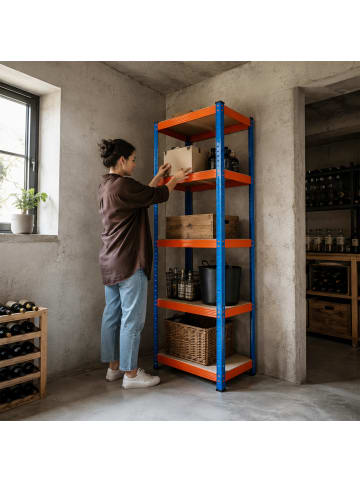relaxdays Schwerlastregal "5 Ebenen" in Blau/ Orange - (B)80 x (H)200 x (T)60 cm
