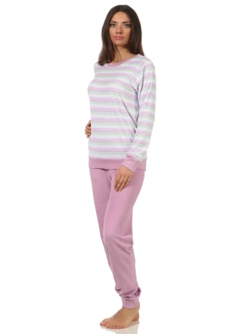 NORMANN Frottee Schlafanzug Bündchen Pyjama Streifen - 51767 in lila