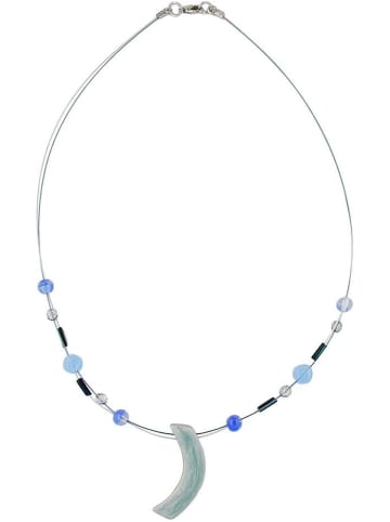 Gallay Kette Drahtkette mit Glasperlen und Anhänger Sichel graublau Email 42cm in grau