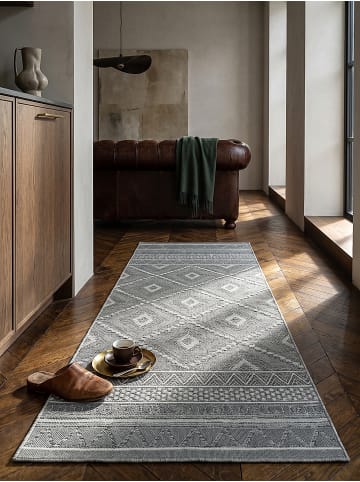 KADIMA DESIGN Wetterfester Flachwebteppich mit Ethno-Rautenmuster und Bordüre in Grau