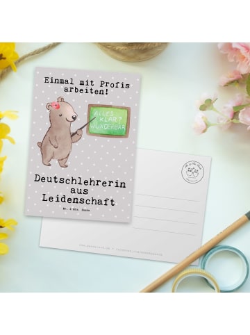 Mr. & Mrs. Panda Postkarte Deutschlehrerin Leidenschaft mit Spruch in Grau Pastell