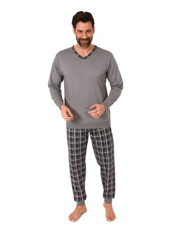 NORMANN Langarm Schlafanzug Bündchen und karierter Jersey Pyjamahose - 86159 in grau