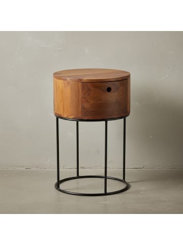 KADIMA DESIGN Nachttisch Rund Holz Stauraum Schublade Industrial, Beistelltisch in Braun