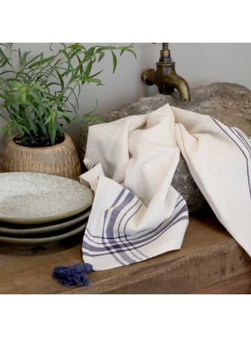 Chic Antique Geschirrtuch AIX Karo Linien Blau Creme mit Quasten