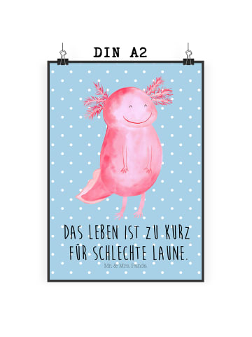Mr. & Mrs. Panda Bild Axolotl Glücklich mit Spruch in Blau Pastell