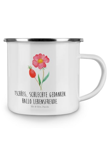 Mr. & Mrs. Panda Camping Emaille Tasse Blume Hagebutte mit Spruch in Weiß