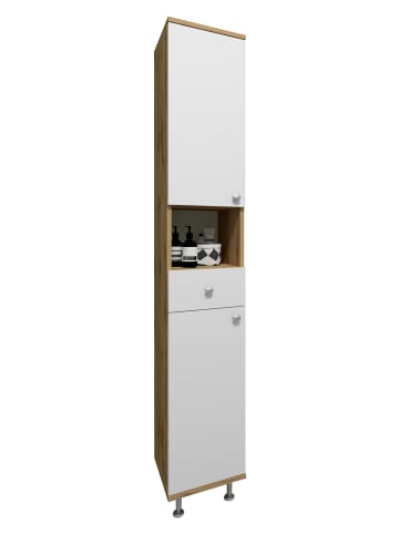 VCM  Badmöbel Hochschrank Badschrank Schublade Nilosi in Honig-Eiche / Weiß