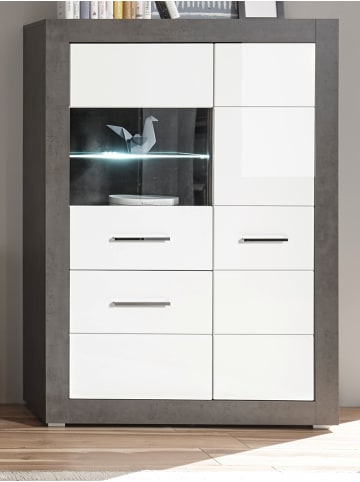 Furn.Design Vitrine weiß Hochglanz, grau Stone 100 cm, Vitrinenschrank 3-türig