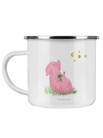 Mr. & Mrs. Panda Camping Emaille Tasse Schwein Glück ohne Spruch in Weiß