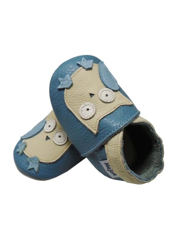 Mejale Blaue Baby Leder Krabbelschuhe, mit rutschfester Sohle – Eulen-Muster