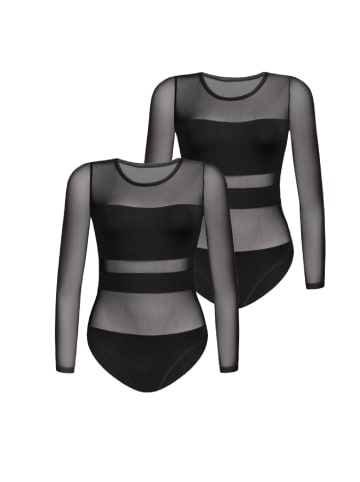 Teyli 2er Pack: Langärmeliger Mesh-Bodysuit für Frauen Stripy in schwarz