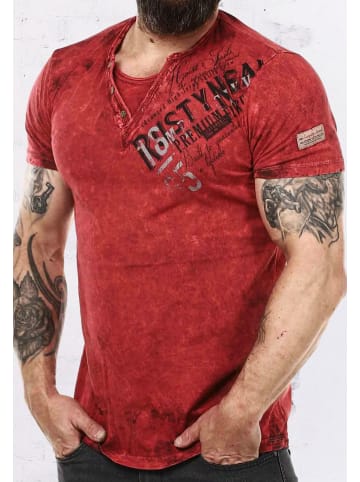 Rusty Neal V-Neck T-Shirt Verwaschen mit Seitlichem Logo Print in Weinrot