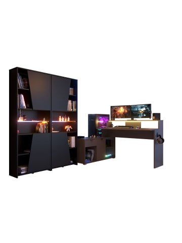 58 aufm Kessel GAMING SCHREIBTISCH Pasha 1 mit LED+Regal Holznachbildung Grau/Schwarz