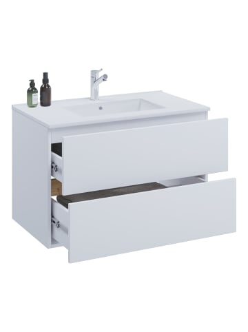 VCM  2 tlg. Badmöbel-Set mit Waschbecken Cosila-I 81 cm in Weiß / Honig-Eiche