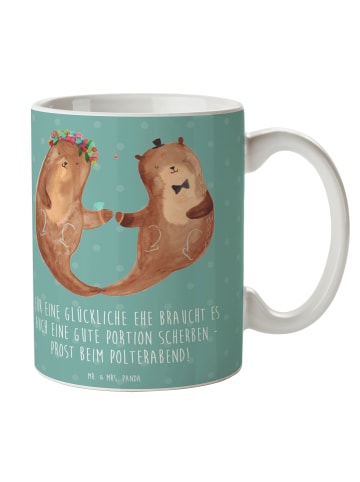 Mr. & Mrs. Panda Kaffeebecher Scherben Polterabend mit Spruch in Meeresbrise