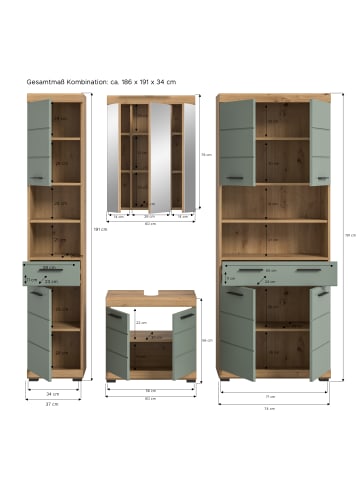 xonox.home Badkombination in Artisan Eiche/Salbei - (B) 186 x (H) 191 x (T) 34