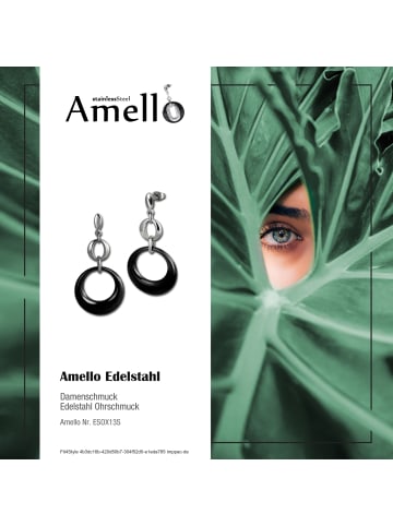 Amello Ohrhänger in Edelstahl, Keramik Round silberfarben, schwarz, glänzend