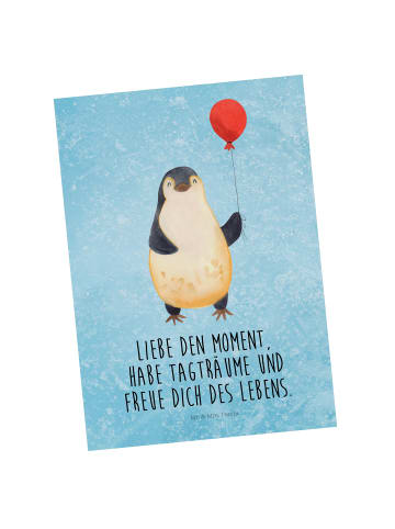 Mr. & Mrs. Panda Postkarte Pinguin Luftballon mit Spruch in Eisblau