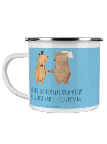 Mr. & Mrs. Panda Camping Emaille Tasse 3. Hochzeitstag Lederhoch... in Sky Blue