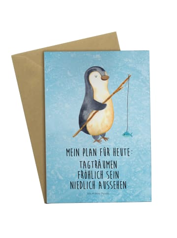 Mr. & Mrs. Panda Grußkarte Pinguin Angler mit Spruch in Eisblau