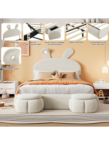 ABRIHOME Polsterbett in Weiß 140x200 cm mit Hasenohren LED Stauraum 2 Hockern Samt