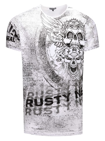 Rusty Neal Vintage Biker T-Shirt mit Skull All Over Print, Oil Wash & Raw Edge in Weiß