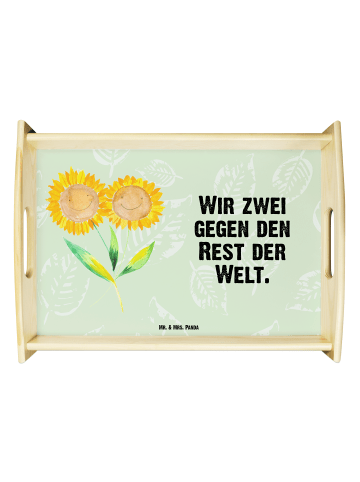 Mr. & Mrs. Panda Serviertablett Blume Sonnenblume mit Spruch in Blattgrün