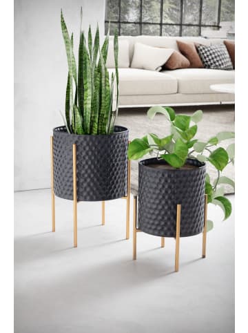 KADIMA DESIGN Schwarz-Goldene Metall-Blumentöpfe, 2er Set, Runde Pflanzkübel