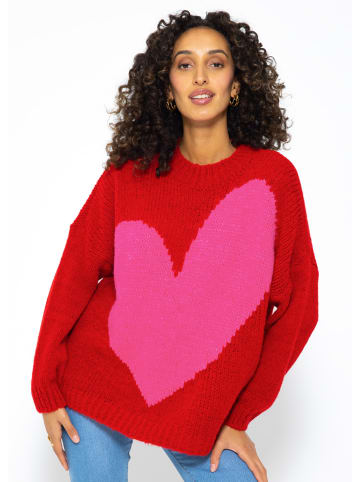 SASSYCLASSY Oversize Strick-Pullover mit Herzmotiv in Rot, Pink