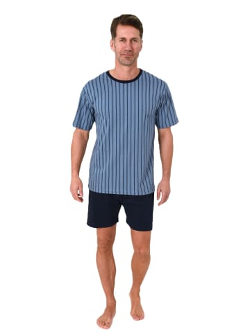 NORMANN Kurzarm Schlafanzug Shorty Pyjama Minimalprint in blau