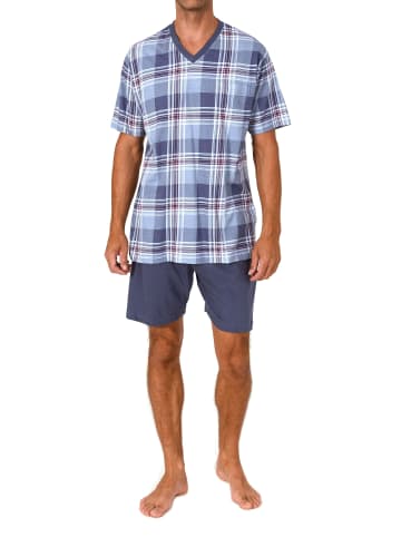 NORMANN Kurzarm Schlafanzug Shorty Jersey und karierten Pyjama Oberteil in blau
