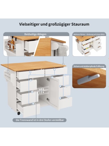 ABRIHOME Kücheninsel in Weiß mit Rollen Arbeitsplatte Gewürzregal und 8 Schubladen