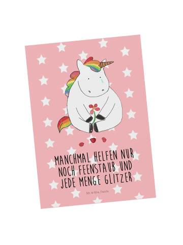 Mr. & Mrs. Panda Postkarte Einhorn Traurig mit Spruch in Rot Pastell