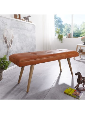 KADIMA DESIGN Sitzbank Ziegenleder / Massivholz Bank 117x51x38 cm im Retro Stil,