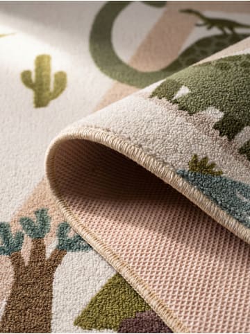 KADIMA DESIGN Kinderteppich Dinosaurier-Landschaft Waschbar TINO OEKO-TEX in Creme