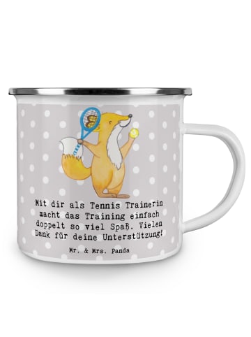 Mr. & Mrs. Panda Trinkbecher Tennis Trainerin Spaß mit Spruch in Grau Pastell