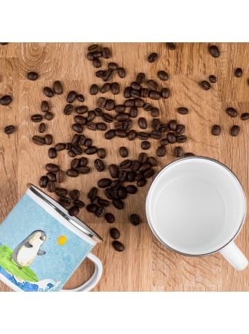 Mr. & Mrs. Panda Camping Emaille Tasse Pinguin Surfer ohne Spruch in Eisblau