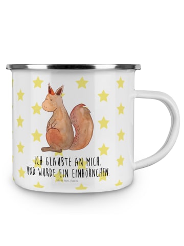 Mr. & Mrs. Panda Emaille Tasse Einhorn Glauben mit Spruch in Weiß
