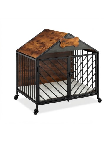 relaxdays Hundekäfig "Industrial" in Braun/ Schwarz - (B)70 x (H)73 x (T)53 cm