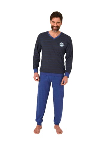 NORMANN Langarm Schlafanzug Pyjama Bündchen Streifen in blau