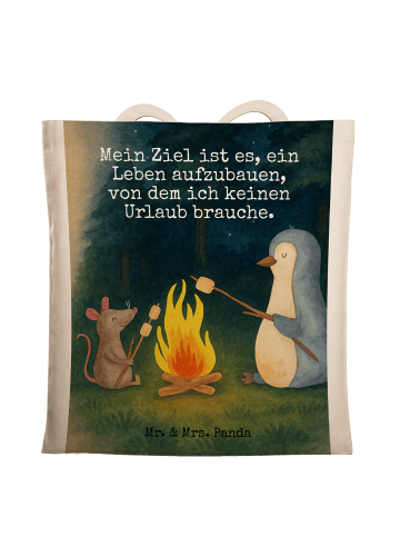 Mr. & Mrs. Panda Tragetasche Pinguin Lagerfeuer Design mit Spruch in Weiß