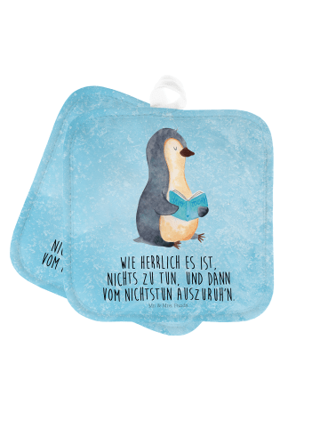 Mr. & Mrs. Panda 2er Set Topflappen  Pinguin Buch mit Spruch in Eisblau