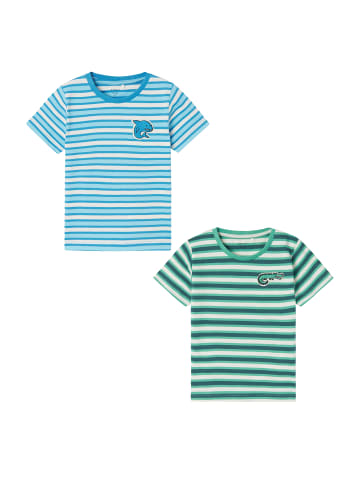name it T-Shirt 2er-Set Print Design Rundhals Kurzarm in Grün-Blau