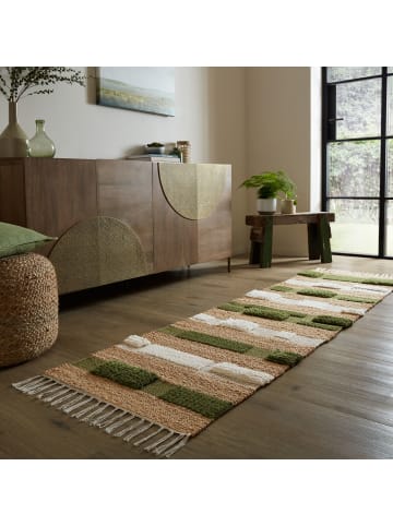 KADIMA DESIGN Teppich Hoch-Tief Struktur Gestreift, Patchwork-Optik, Fransen in Natur-Grün