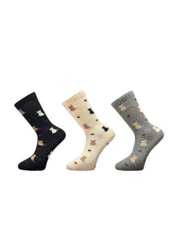 Damen Alpaka-Woll-Socken mit Katzenmotiv im 3er Pack in Grau