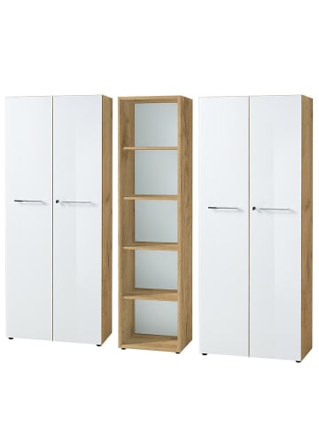 KADIMA DESIGN Büro-Set 2 Schränke & Regal, 210cm breit, Glasfront in Chalet-Eiche-Nb.-Weiß